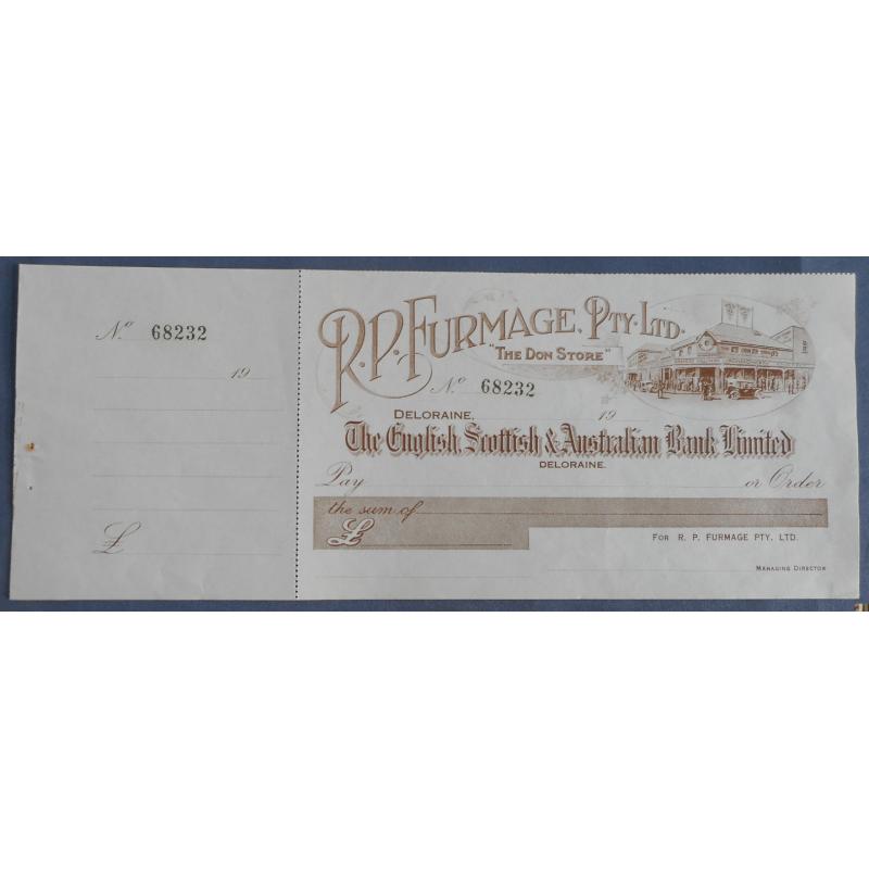 (BB1228L) TASMANIA · 1920s: attractive unused illustrated cheque as used by R.P. Furmage Pty. Ltd., operators of The Don Store at Deloraine · tiny rust spot on butt from staple o/wise in VF condition