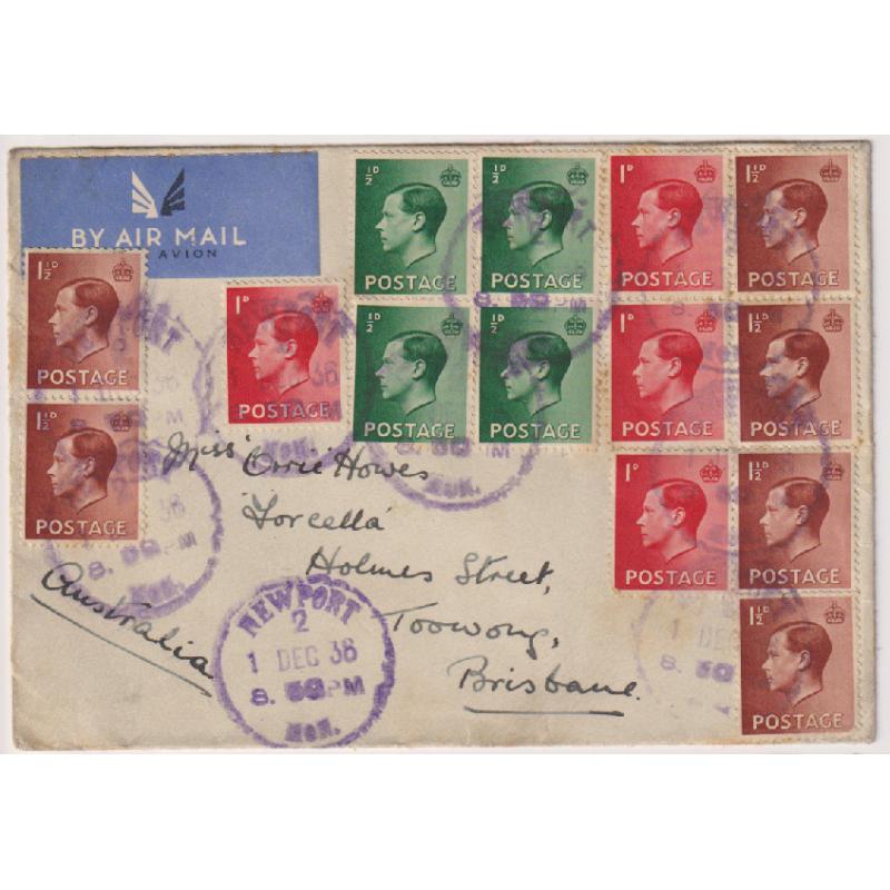 (BB1251) GREAT BRITAIN · 1936: airmail cover to Australia bearing KEVIII definitive franking making up the correct rate of 1/3d for up to ½oz · any imperfections are very minor · arrival b/s dated Dec 11th