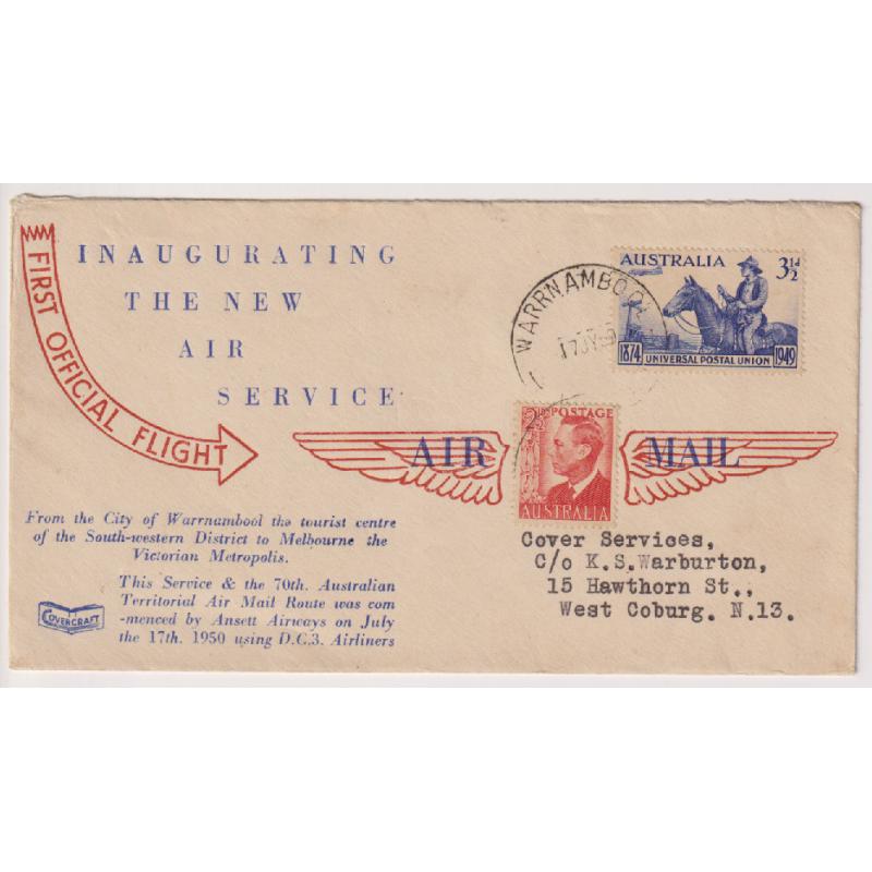 (BB1256) AUSTRALIA · 1950 (July 17th): 'Covercraft' souvenir cover carried by Ansett Airways carried on the 'first official flight' from Warrnambool to Melbourne AAMC #1248 · excellent condition