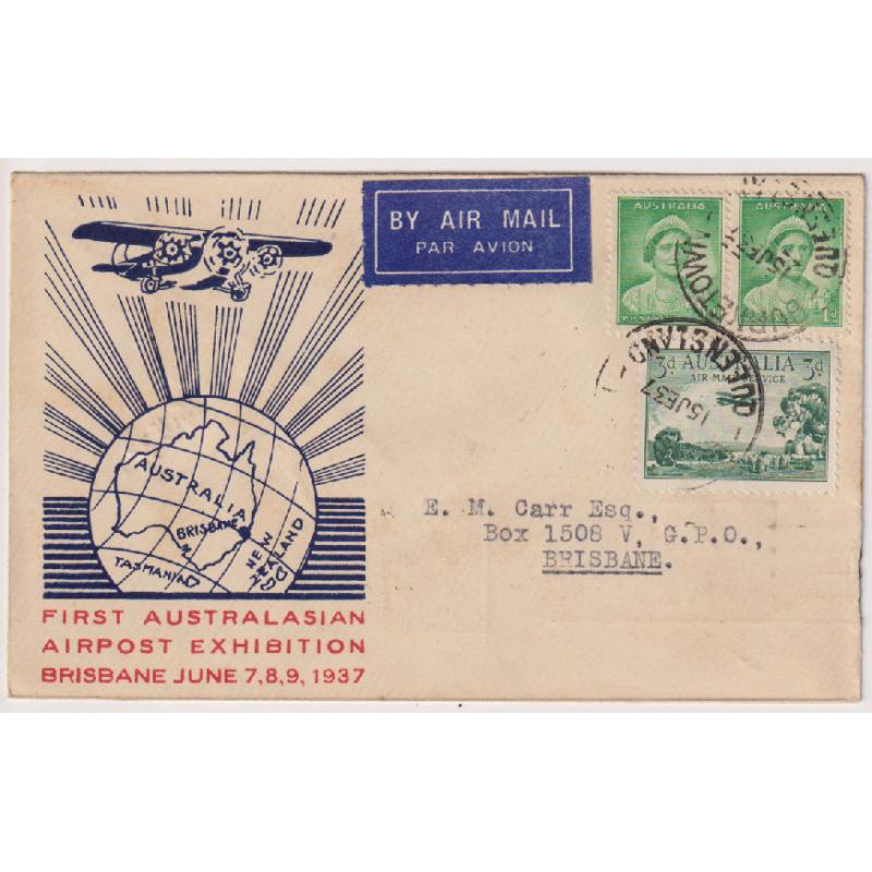 (BB1258) AUSTRALIA · 1937: souvenir cover (First Australasian Airpost Exhibition, Brisbane cachet) carried on first flight from BURKETOWN to NORMANTON and then onforwarded to Brisbane via  Cloncurry · see description