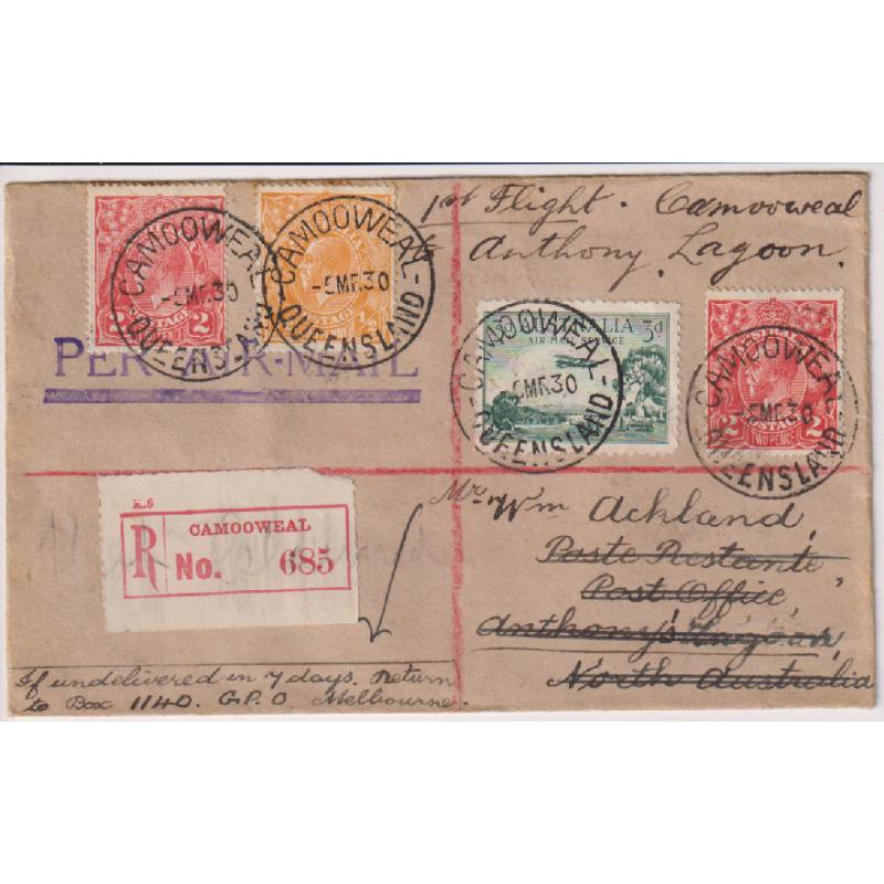 (BB1259) AUSTRALIA · 1930: registered cover carried on first air mail flight from Camooweal to ANTHONY LAGOON AAMC #152a · fine condition · c.v. for intermediate flights is from AU$400 (2 images)