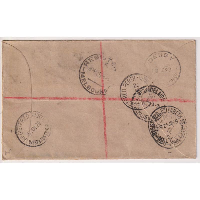 (BB1260) AUSTRALIA · 1929: registered cover carried on first air mail flight from Adelaide to Perth and then onforwarded by air to Derby · excellent to fine condition (2 images)