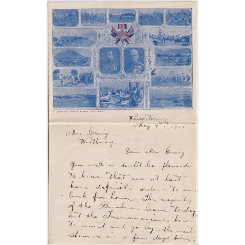 (BB1261) CAPE of GOOD HOPE · TASMANIA  1901: "A Memoir of the Boer War" illustrated patriotic envelope with illustrated stationery mailed by Priv. John Royle to Westbury Tasmania · see full description · attractive items! (6 images)