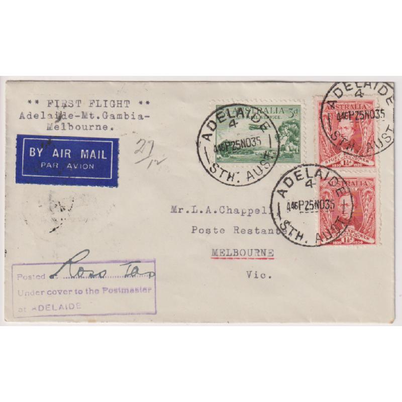 (BB1267) AUSTRALIA · 1935: attractive cover in fine condition carried on 1st flight by Adelaide Airways Ltd. from Adelaide to Melbourne via Mount Gambier AAMC #560 · attractive cover · arrival b/stamp