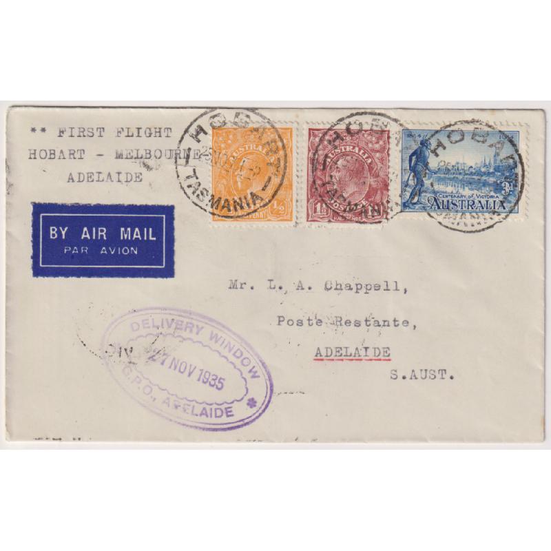 (BB1269) AUSTRALIA · 1935 (26th/27th Nov): cover flown Hobart/Melbourne to connect with return flight Melbourne/Adelaide by Adelaide Airways AAMC #561 · nice strike of DELIVERY WINDOW G.P.O. datestamp  · fine condition