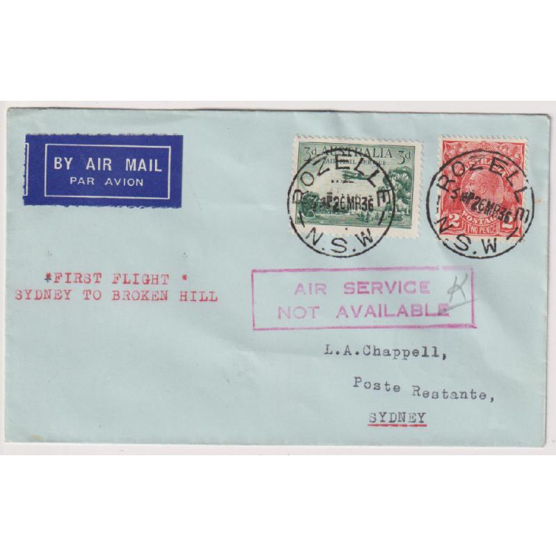(BB1271) AUSTRALIA · 1936: neat cover which must have missed the departure of the 1st Flight from Sydney to Broken Hill · AIR SERVICE NOT AVAILABLE h/s applied at Sydney · fine condition