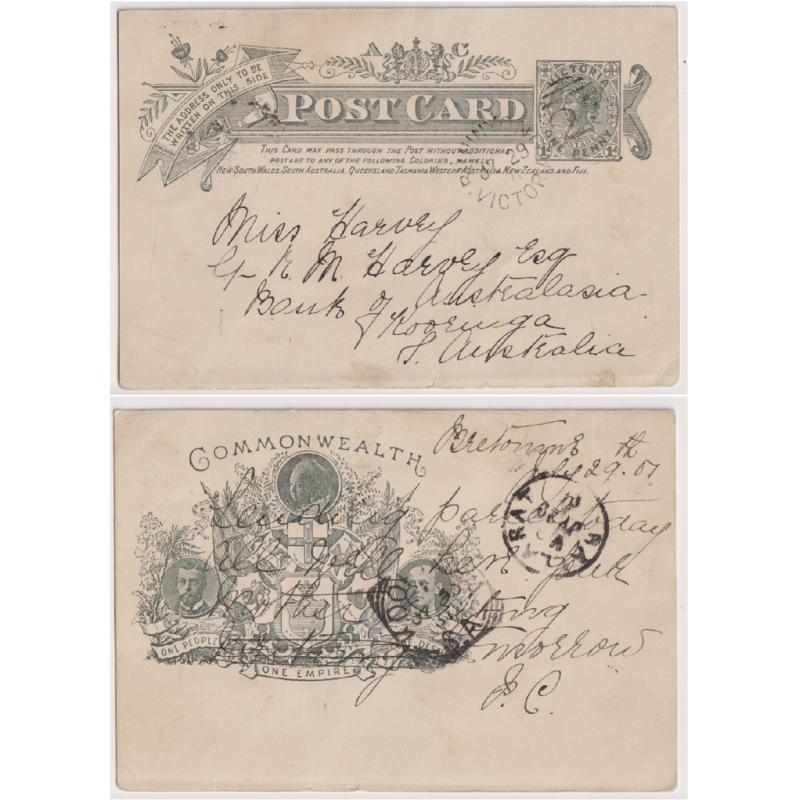 (BB1274) VICTORIA · 1901: used 1d dark grey on grey-white "Commonwealth" commemorative postal card H&G 23 mailed to Kooringa (SA) from Buninyong · any imperfections are minor