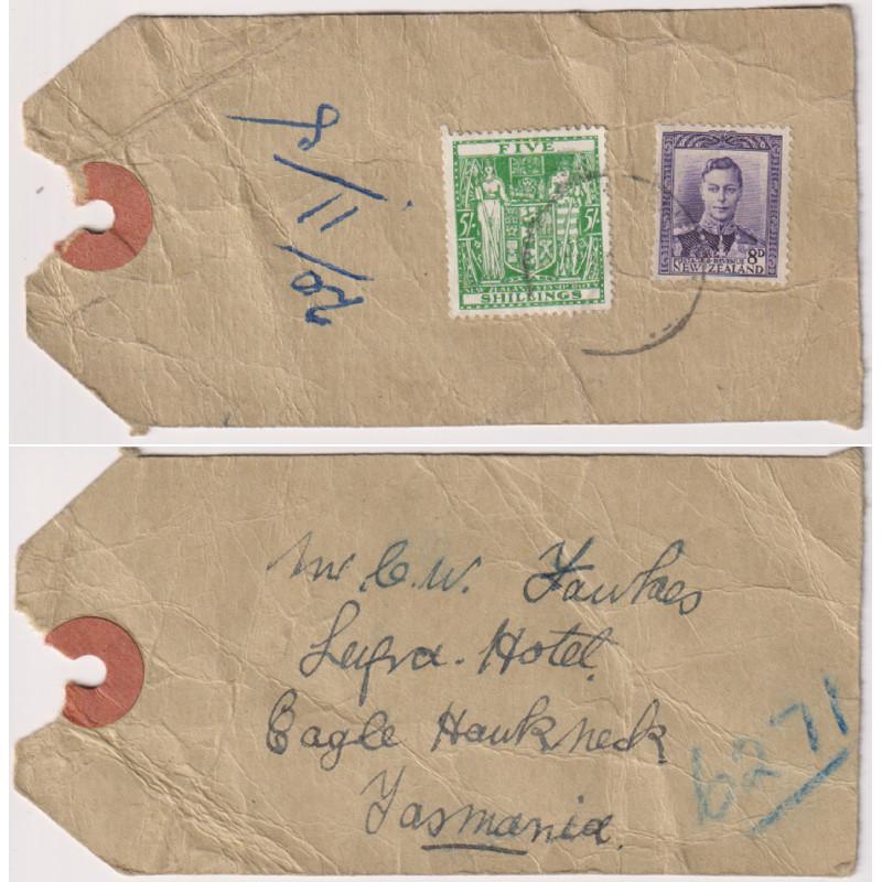 (BB1283) NEW ZEALAND · c.1950: parcel label addressed to Tasmania with 5/- Arms + 8d KGVI definitive franking · unusual "rates" item due to low survival rate of this type of material