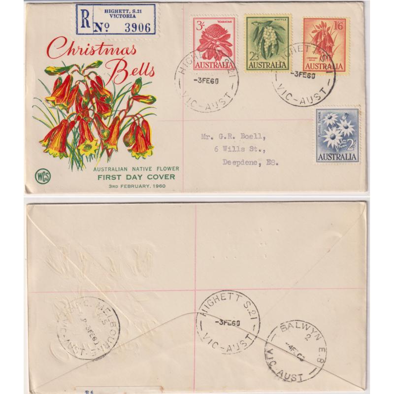 (BB1287) VICTORIA  1960: WCS FDC for 1/6d C'mas Bells issue with clear strikes of HIGHETT S.21 cds WWW #303 (rated R) and the BALWYN E.8 cds WWW #20B (rated RRRR) · fine condition