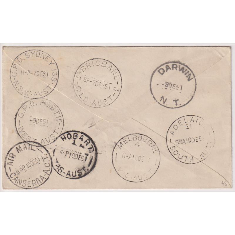 (BB1293) AUSTRALIA · 1951: cacheted 'ROUND AUSTRALIA...' Commonwealth Jubilee Flight cover AAMC #1286 with 'proving' postmarks on the back · excellent condition · $5 STARTER!!  (2 images)