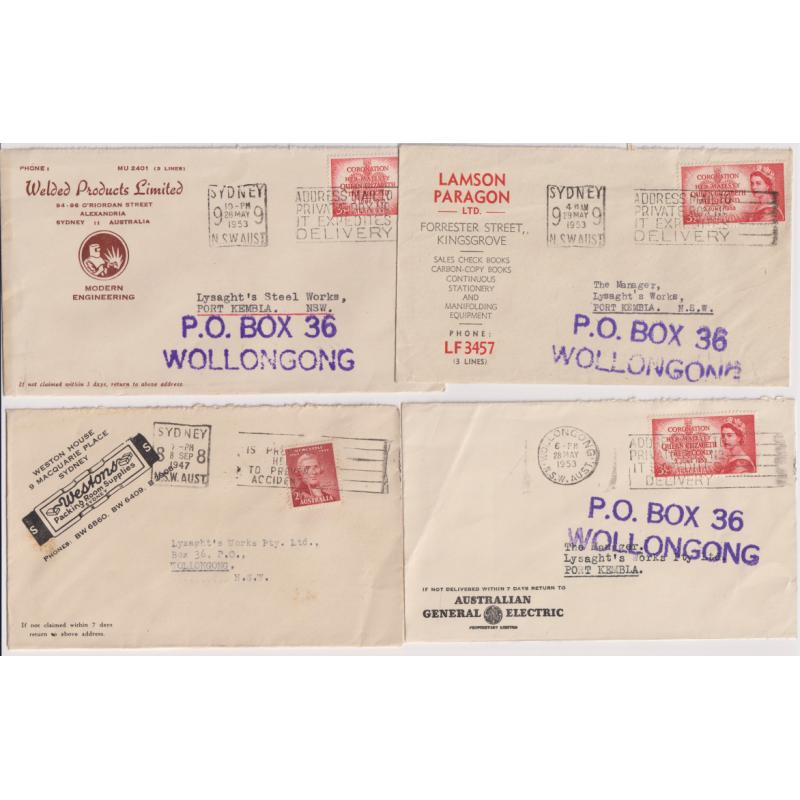(BB1295) AUSTRALIA · 1947/53: 4 small advertising covers all addressed to Lysaght's Steel Works at Port Kembla · excellent to fine condition throughout (4)