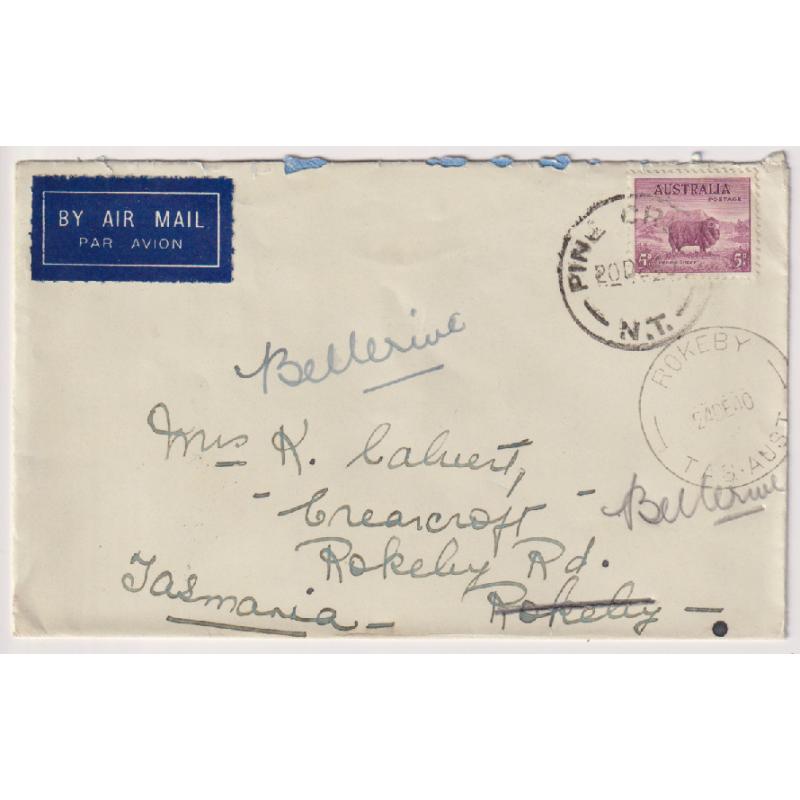 (BB1298) AUSTRALIA · NORTHERN TERRITORY  1940: domestic air mail cover to Tasmania mailed at PINE CREEK · redirected a few miles on arrival · overall excellent condition