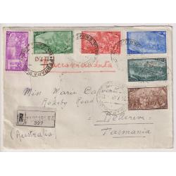 (BB1304) ITALY · 1948: registered air mail cover to TASMANIA in excellent condition · range of b/stamps 'document' (in part) the journey (2 images)