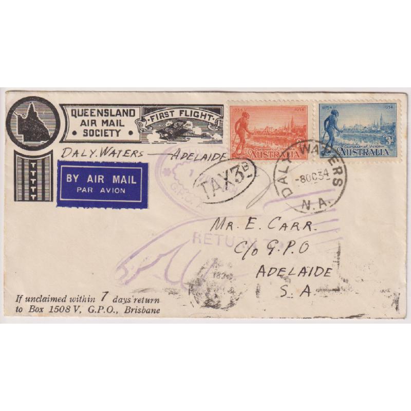 (BB1310) AUSTRALIA · 1934 (Oct 9th)): underpaid souvenir QLD Air Mail Society cover carried on return first air mail flight from DALY WATERS to PERTH AAMCM #429 and then onforwarded to Adelaide · excellent condition
