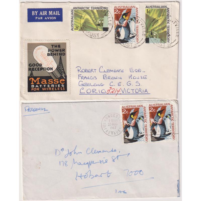(BB1325) AUSTRALIA · 1967: two covers with 1c & 2c AAT pictorial defins making up the 4c letter rate - the air mail cover has an advertising POSTER STAMP for Masse WIreless Batteries (2)