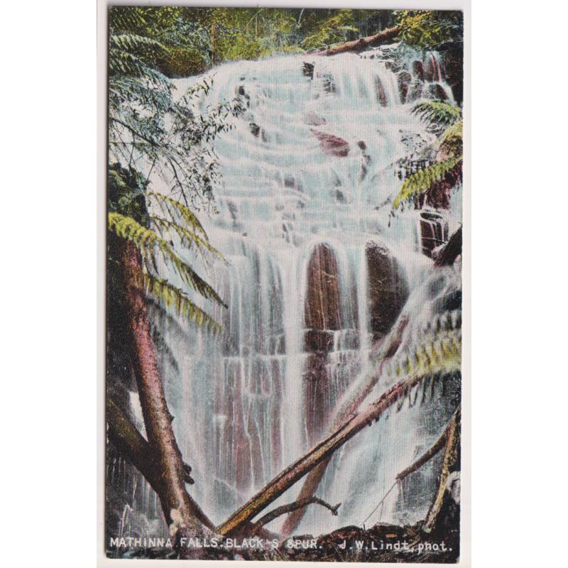 (BB1329) VICTORIA · c.1910: unused colour card with view by J.W. Lindt of MATHINNA FALLS · BLACK'S SPUR in F to VF condition · numbered '28' but publisher not formally identified