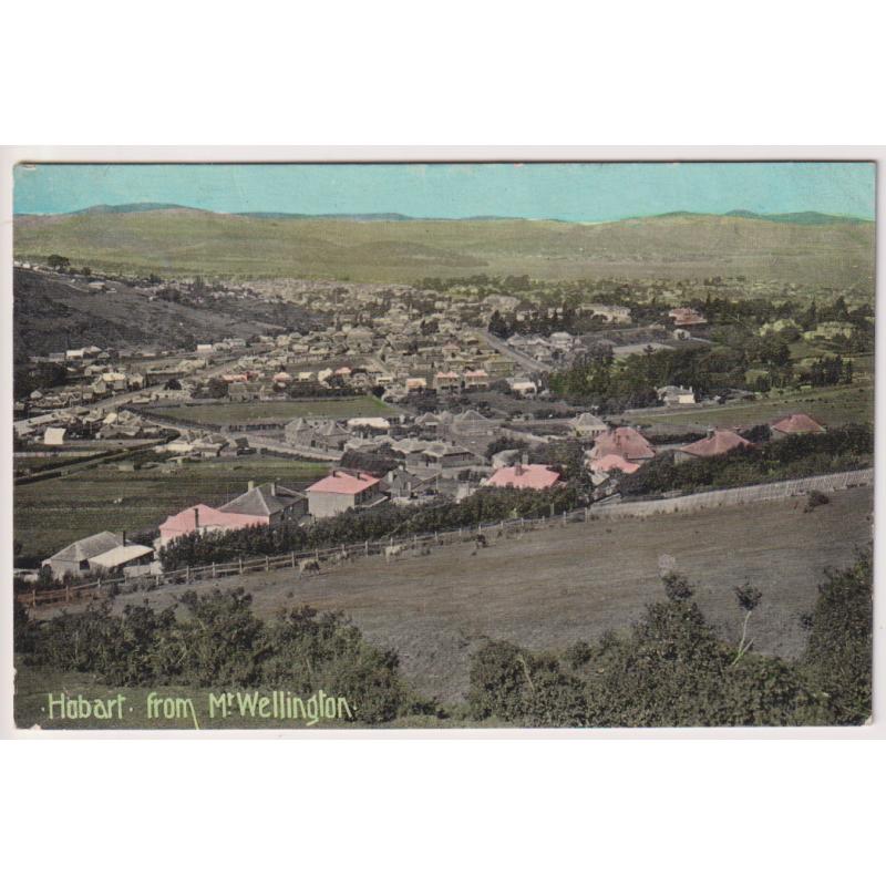 (BB1367) TASMANIA · 1908: Harding & Billing card w/view HOBART FROM MT WELLINGTON · postally used · stamp has been removed with some surface with it however the overall condition of this scarce card is excellent