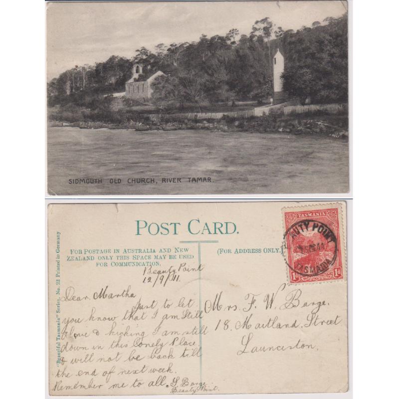 (BB1375) TASMANIA · 1911: "Beautiful Tasmania" Series No.22 card by Selwyn Cox w/view SIDMOUTH OLD CHURCH mailed from BEAUTY POINT with a full-framed Type 2 cds rated R(8)