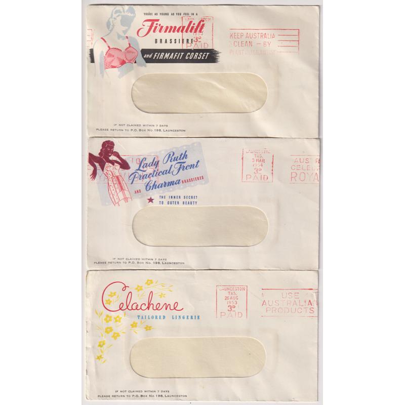 (BB1389) AUSTRALIA · TASMANIA  1953/54: 3 illustrated envelopes used by the same agent/retailer in Launceston advertising women's lingerie and brassieres · a couple of minor faults however the overall condition is excellent (3)
