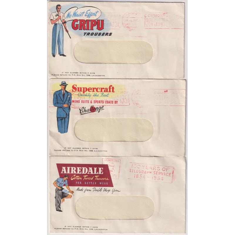 (BB1390) AUSTRALIA · TASMANIA  1953/54: 3 illustrated envelopes used by the same agent/retailer in Launceston advertising men's suits, sports coats or trousers ·excellent to fine condition throughout · attractive covers (3)