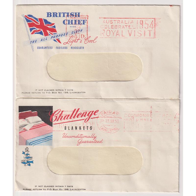 (BB1391) AUSTRALIA · TASMANIA  1953/54: 2 illustrated envelopes used by the same agent/retailer in Launceston advertising cloth or blankets · both items in excellent to fine condition (2)