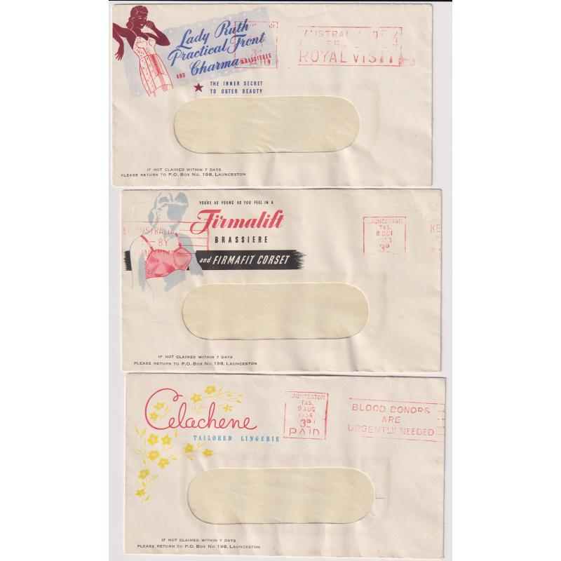 (BB1420) AUSTRALIA · TASMANIA  1953/54: 3 illustrated envelopes used by the same agent/retailer in Launceston advertising women's lingerie and brassieres · some minor faults however the overall condition is excellent (3)