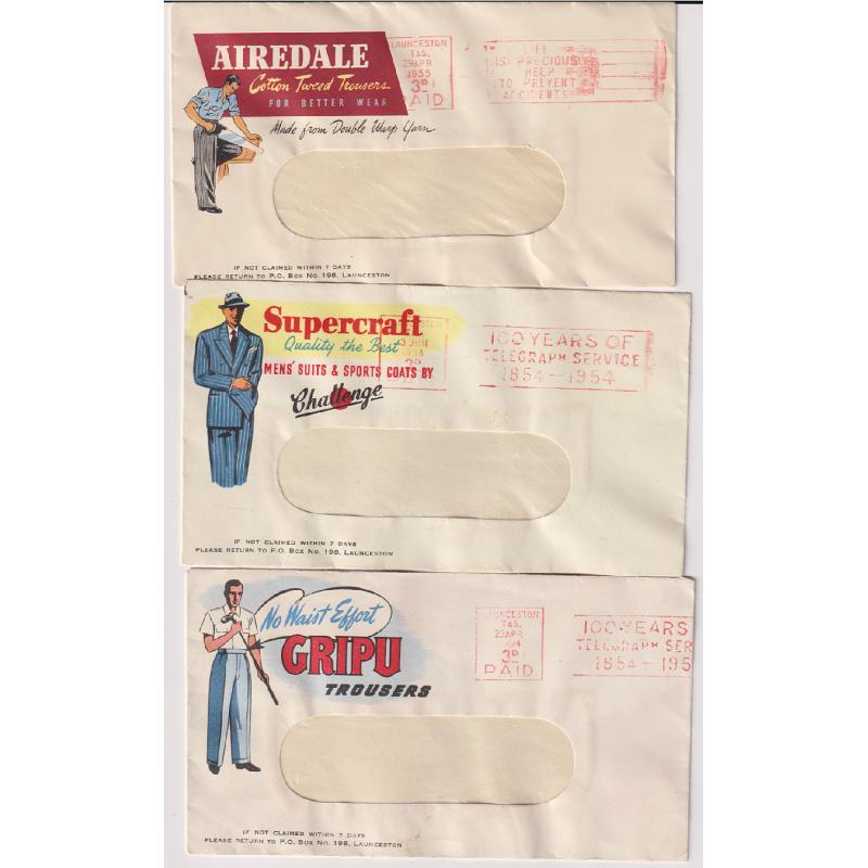 (BB1421) AUSTRALIA · TASMANIA  1953/55: 3 illustrated envelopes used by the same agent/retailer in Launceston advertising men's suits, sports coats or trousers ·excellent to fine condition throughout · attractive covers (3)