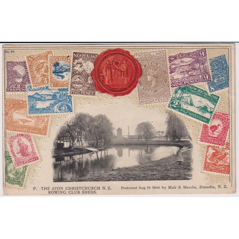 (BB1434) NEW ZEALAND  1906: Zieher embossed stamp card overprinted by Muir & Moodie with a b&w view of the ROWING CLUB SHEDS on THE AVON, CHRISTCHURCH · message on verso but not postally used · excellent condition