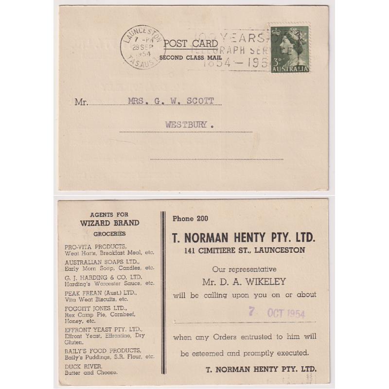 (BB1435) TASMANIA · 1954: advice card from T. Norman Henty Pty. Ltd. mailed to shopkeeper at Westbury at the commercial papers rate · fine condition · $5 STARTER!!