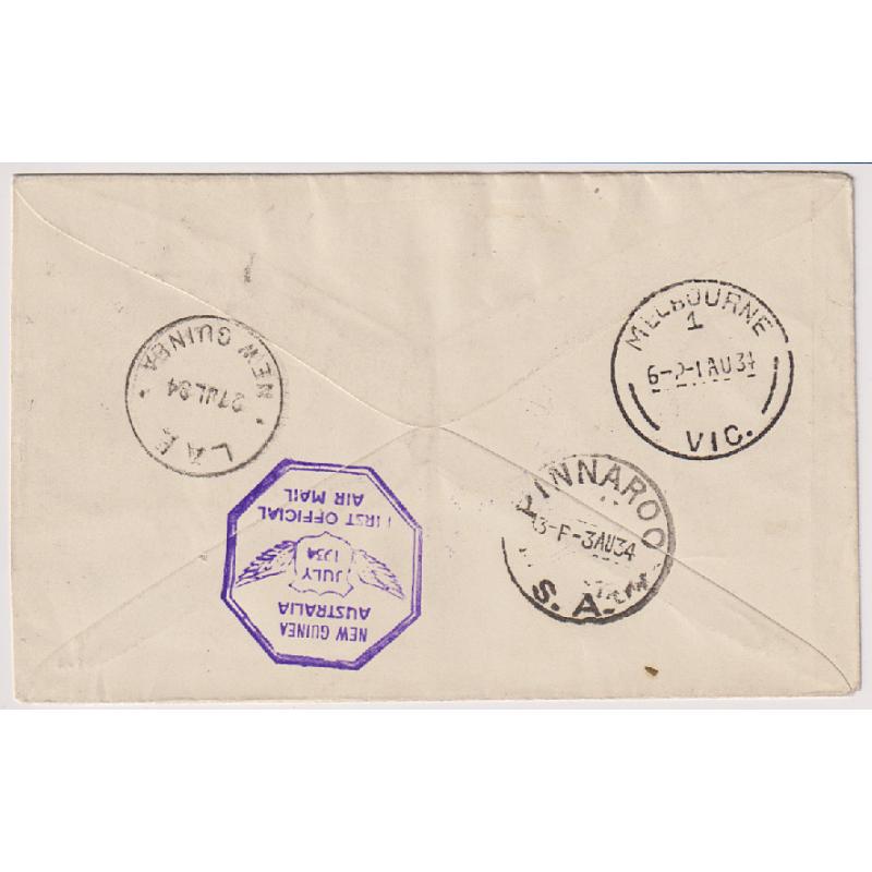 (BB1436) AUSTRALIA · 1934: cacheted "Boomerang cover" carried on 1st OFFICIAL AIR MAIL FLIGHT from Melbourne to New Guinea AAMC #395 · excellent condition · colourful franking · c.v. AU$40 (2 images)