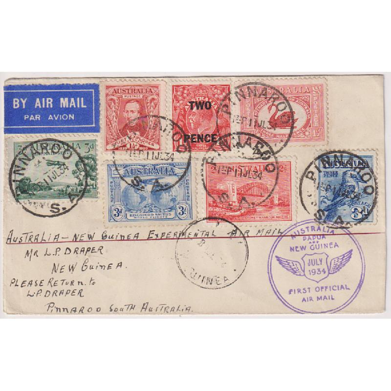 (BB1436) AUSTRALIA · 1934: cacheted "Boomerang cover" carried on 1st OFFICIAL AIR MAIL FLIGHT from Melbourne to New Guinea AAMC #395 · excellent condition · colourful franking · c.v. AU$40 (2 images)