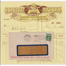 (BB1438) TASMANIA · 1945: avertising envelope for Abbott's Pty. Ltd. Launceston containing an invoice with attractive bill-head · doctor's endorsement printed on flap (2 images)