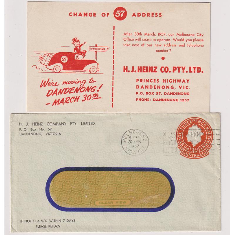 (BB1439) AUSTRALIA · 1957: stamped-to-order envelope with a 3½d orange QEII indicium used by H.J. Heinz · contains illustrated card advising of a change of address
