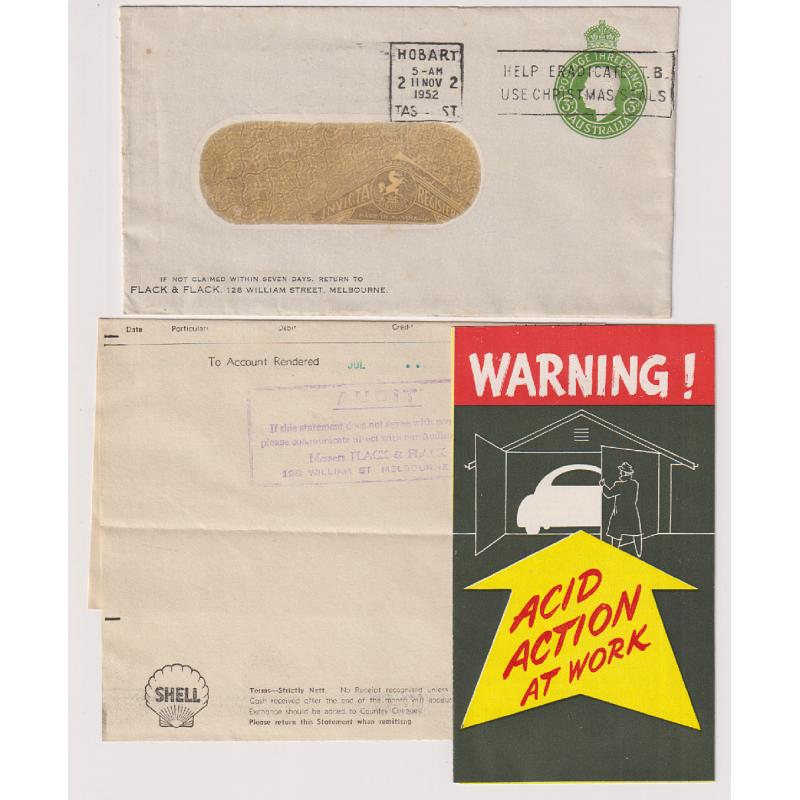 (BB14409) AUSTRALIA · 1952: stamped-to-order envelope with 3d KGVI indium used by Flack & Flack (Shell Oil accountants) · contains an invoice and some advertising material