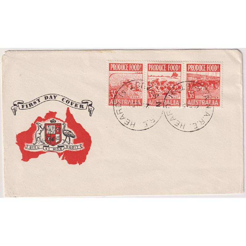 (BB1445) AUSTRALIA · 1954: se-tenant strip of 3½d Produce Food tied to a GUTHRIE generic FDC by clear strikes of the HEARD IS A.N.A.R.E. cds · some light corner wear and erased pencilled address o/wise in an excellent clean condition