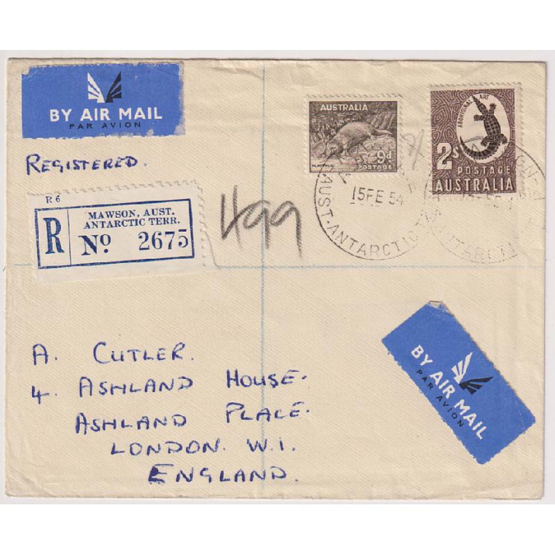 (BB1447) AUSTRALIAN ANTARCTIC TERRITORY · 1954: registered air mail cover to G.B. mailed at MAWSON BASE · contemporary defin franking make up the correct rate · possibly from a genuine correspondence · any wear is minor .... see largest image