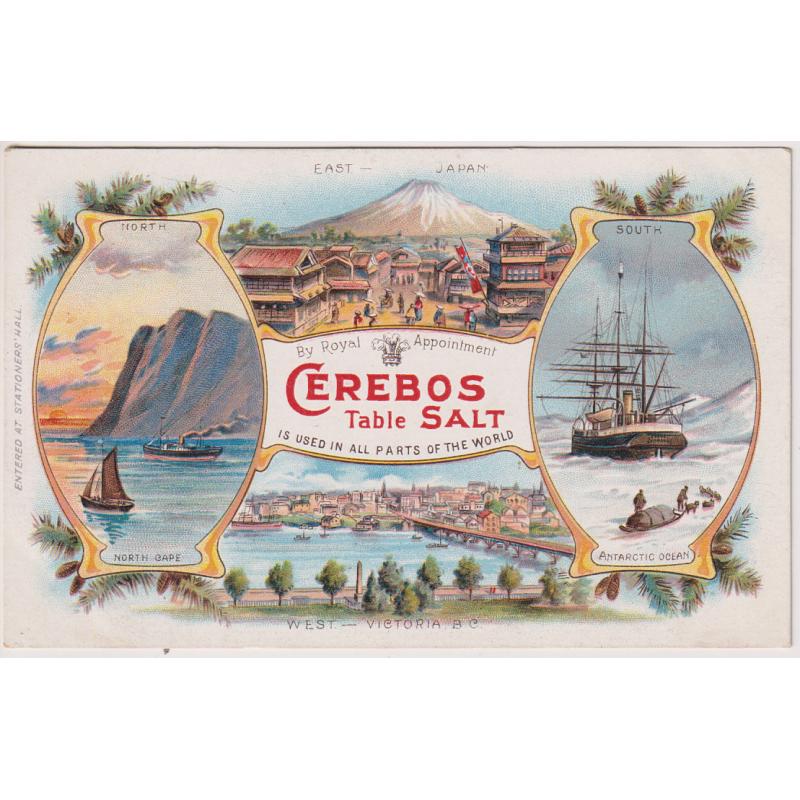 (BB1449) GREAT BRITAIN · ANTARCTICA  c.1905: chromolithographed advertising card for CEREBOS TABLE SALT with four views including "Antarctic Ocean" · pencilled annotations on verso partly erased · fine condition
