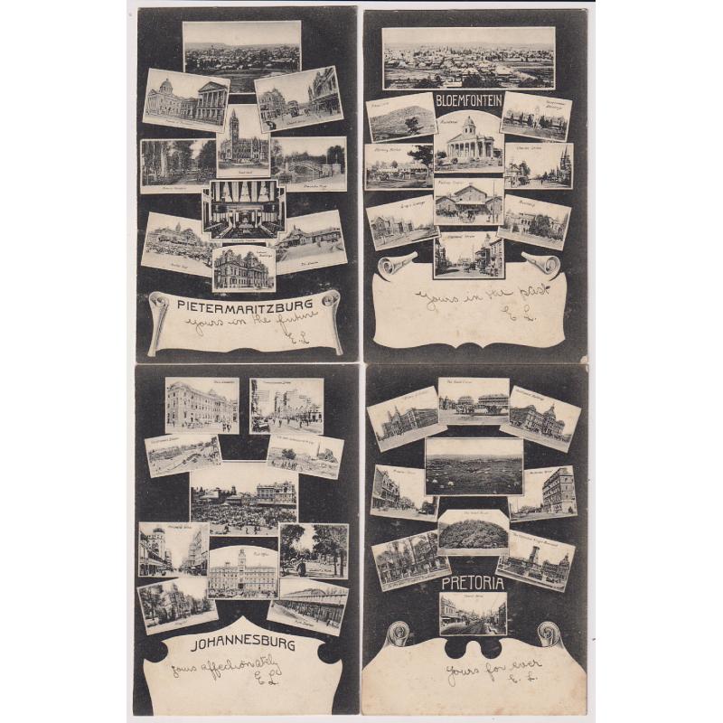 (BB1452) SOUTH AFRICA · c.1905: 4 undivided back cards by Sallo, Epstein & Co. featuring multi-views of BLOEMFONTEIN, JOHANNESBURG, PIETERMARITZBURG and PRETORIA · some light soiling which is mostly printing ink "dust" (4)