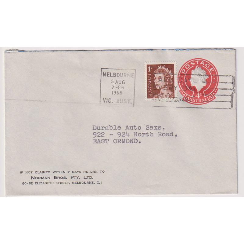 (BB1478) AUSTRALIA · 1968: stamped-to-order envelope for Norman Bros. Pty. Ltd with 4c QEII indicium · uprated with a 1c QEII defin · excellent condition · $5 STARTER!!