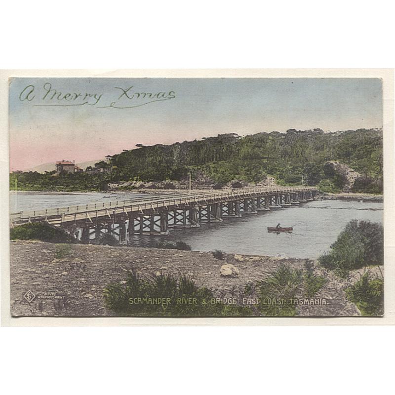 (BB15007) TASMANIA · 1906: postally used card by Selwyn Cox from his hand-coloured "Wynphotoprint" series No.148 w/view SCAMANDER RIVER & BRIDGE EAST COAST in excellent to fine condition