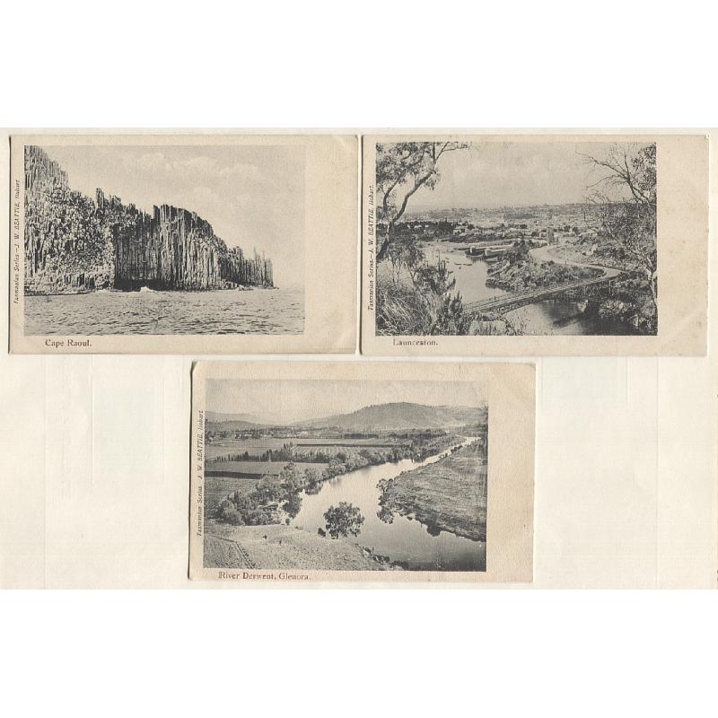 (BB15009) TASMANIA · c.1905: seven unused cards from J.W. Beattie's "Tasmanian Series" with mainly Southern Tasmanian views · a few card have some light soiling however the overall condition is excellent (2 images)