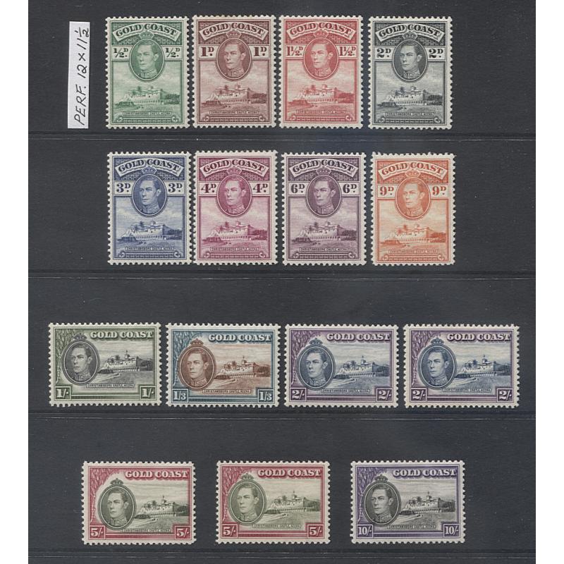 (BB15035) GOLD COAST · 1938/43: original issue of KGVI pictorial definitives SG 120/32 in excellent M/MLH condition; also 2/- & 5/- vslues perf. 11½x12 in a similar condition · total c.v. £215 · 15 stamps (2 images)