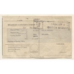 (BB15041) TASMANIA · 1959: O.H.M.S. document (Broadcast Listener's Licence statement) mailed to Roland · excellent condition · $5 STARTER!! (2 images)