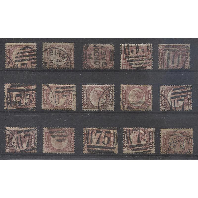 (BB15048) GREAT BRITAIN · 1870s: selection of used ½d rose-red/red QV "Bantams" SG 48/49 · condition a little mixed but anything "too dreadful" has been discarded · total c.v. £570 · see description for plating (15 stamps)