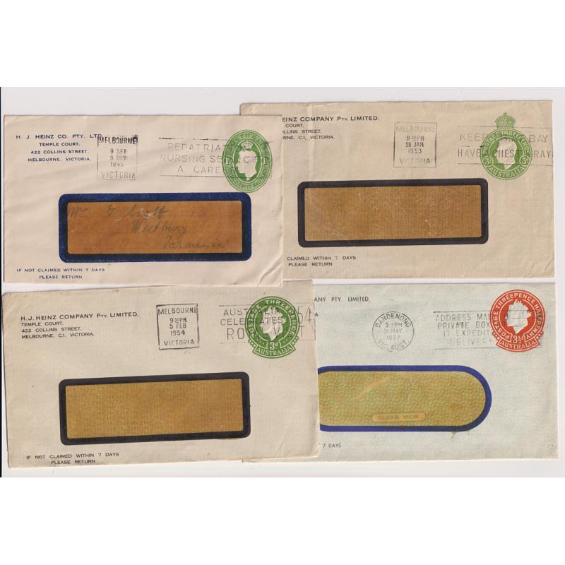 (BB15050) AUSTRALIA · 1949/57: four H.J. HEINZ envelopes used in VIC stamped-to-order with different KGVI and QEII indicia · see largest image · excellent condition throughout (4)