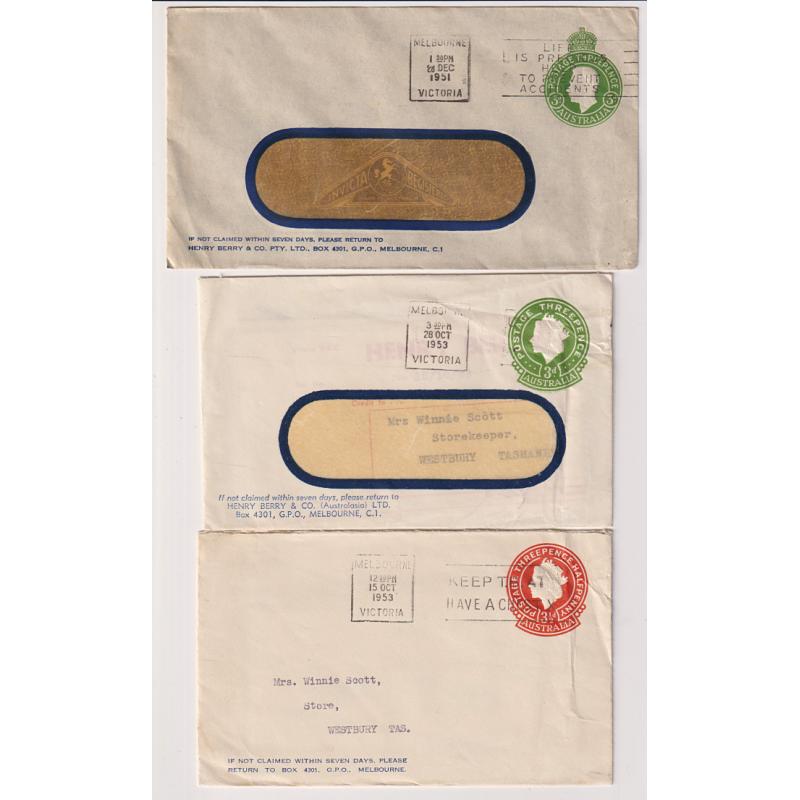 (BB15051) AUSTRALIA · 1951/53: Henry Berry & Co. stamped-to-order envelopes with a 3d KGVI or 3d or 3½d QEII indicium · all items in excellent condition (3) $5 STARTER!!