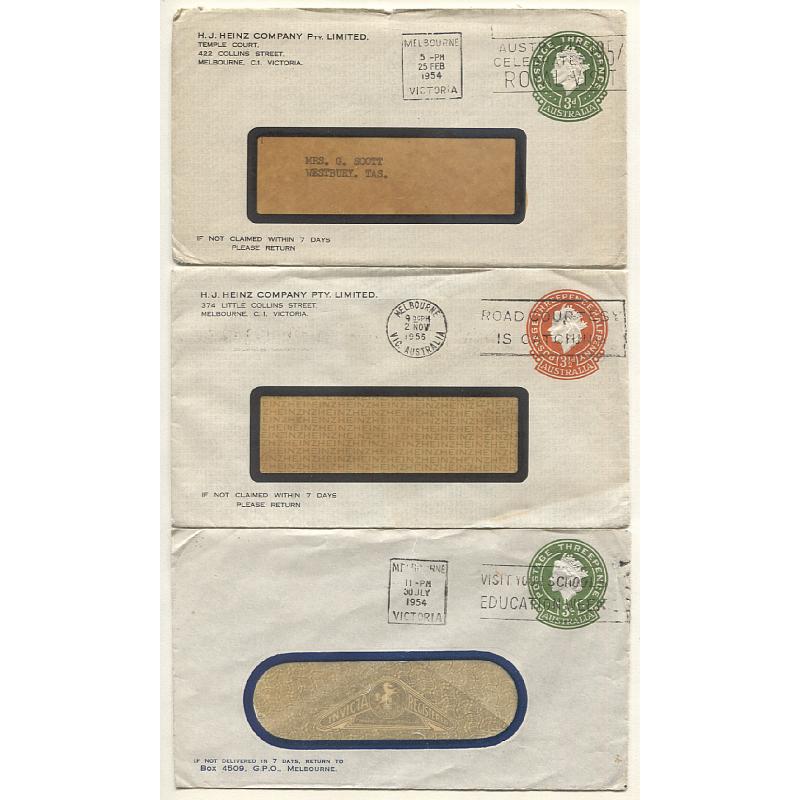 (BB15053) AUSTRALIA · 1953/62: all different selection of used stamped-to-order envelopes with KGVI or QEII indicia · users include HEINZ, BRISCOES and BROOKES LEMOS · excellent condition throughout (2 images)