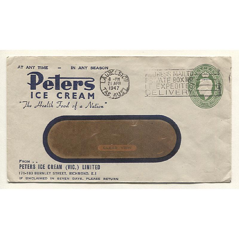 (BB15054) AUSTRALIA · 1947: advertising cover for PETERS ICE CREAM stamped-to-order with an oval 1½d green KGVI indicium · used in TAS and in excellent condition