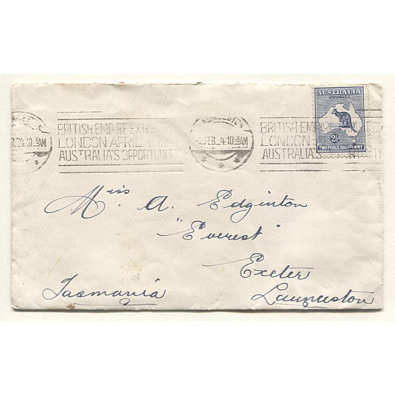 (BB15059) AUSTRALIA · 1924: small cover with single 2½d blue Roo (3rd wmk) franking BW 11A · note Launceston BRITISH EMPIRE EXHIBTION slogan · "on cover" c.v. AU$120