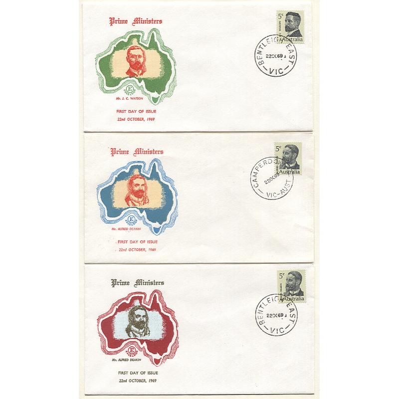 (BB15065) AUSTRALIA · 1969: Excelsior FDC for 5c Prime Minister booklet stamp plus other examples with diff coloured cachets · condition is mainly VF as per largest images)